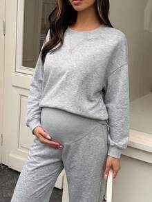 Dazy Maternity 圓領寬鬆短袖上衣與鬆緊腰短褲休閒運動孕婦兩件套裝 - 灰色 - 查看 5
