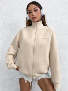 SHEIN Unity 女款百搭街頭風長袖口袋運動衫，適合日常穿著 - 卡其色 - 查看 6