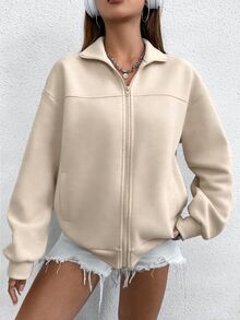 SHEIN Unity 女款百搭街頭風長袖口袋運動衫，適合日常穿著 - 卡其色 - 查看 3