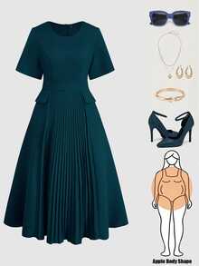 Auvina Vestido Feminino Plus Size de Verão, Cor Sólida, Minimalista, Gola Redonda, Manga Curta, Linha A, Plissado, Patchwork, Bolso, Cintura Marcada, Vintage, Elegante, Casual, Comprimento Médio - Verde - Visão 1