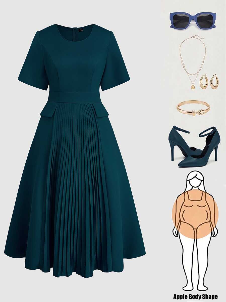 Auvina Vestido Feminino Plus Size de Verão, Cor Sólida, Minimalista, Gola Redonda, Manga Curta, Linha A, Plissado, Patchwork, Bolso, Cintura Marcada, Vintage, Elegante, Casual, Comprimento Médio - Verde - Visão 1