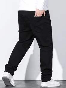 Manfinity Homme Men's Pure Black Straight Leg Jeans, Plus Size Casual Basic Denim Pants - Black - View 4