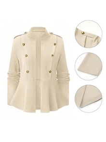 Rometta Women's Plus Size Spring/Autumn Casual Dressy Elegant Commute Office Formal Stand Collar Shoulder Epaulette Beige Button Ruffle Hem Jacket - Apricot - View 2
