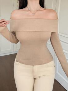 DAZY Autumn/Winter Champagne Off-Shoulder Open Shoulder Slim Fit Ribbed Knit Long Sleeve Bell Cuff Base Layer Sweater Date Party Flattering Women's Sweater - Apricot - View 3