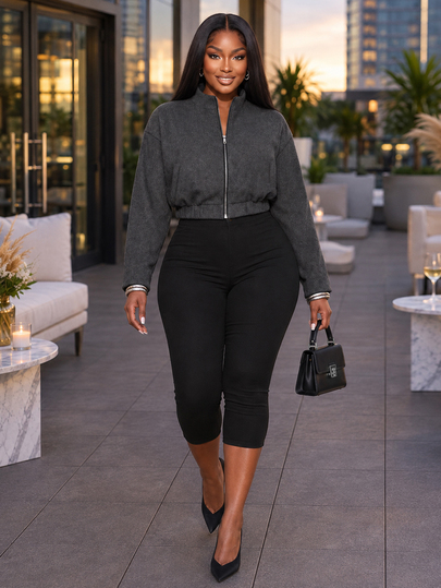 Poshavie Poshavie Plus Size Women's Relaxed Fashion Short Jacket, Versatile Minimalist Zipper Jacket, Suitable For Daily Outings, Shopping, And Photo Shoots