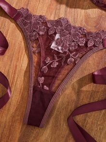 SHEIN 女款天藍色刺繡綁帶內衣套裝 2件組 - 中紫紅色 - 查看 7