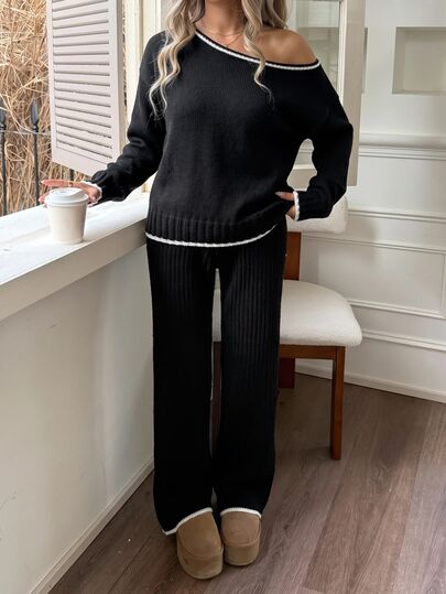 SHEIN Teen Girl Teen Girls Girl Black And White Colorblock Sweater All-Match 2 Pieces Set Off-Shoulder, Casual Versatile, Winter, Autumn, Black