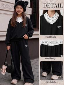 SHEIN 女童休閒兩件套，波點翻領拼接V領短版上衣搭配波點腰寬腿褲，精緻蝴蝶結刺繡，寬鬆舒適版型，歐美校園風，適合幼童與小童日常上學、外出與運動 - 黑色 - 查看 1