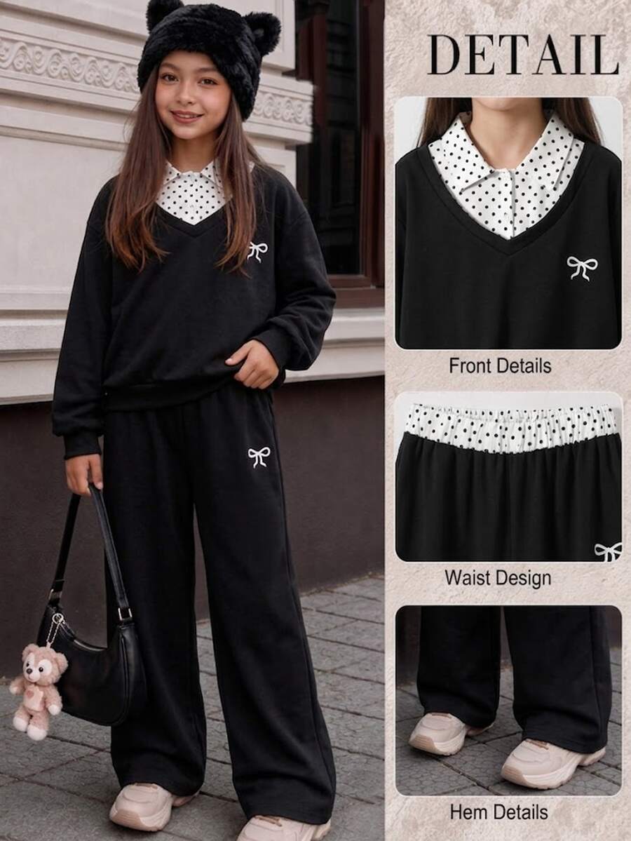 SHEIN 女童休閒兩件套,波點翻領拼接V領短版上衣搭配波點腰寬腿褲,精緻蝴蝶結刺繡,寬鬆舒適版型,歐美校園風,適合幼童與小童日常上學、外出與運動 - 黑色 - 查看 1