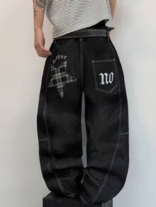 STEELVANCE Celana Jeans Denim Kasual Gaya Retro Streetwear Serbaguna dengan Desain Lusuh, Banyak Saku, Patchwork Bintang, dan Bordir Huruf (Sabuk dan Aksesoris Tidak Termasuk) - Hitam - View 7