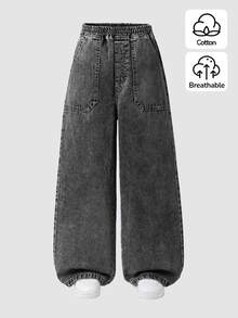 SHEIN 少女牛仔寬腿褲，春夏新品，休閒波希米亞風節慶平腰口袋寬腿牛仔褲，日常OOTD必備，淺洗黑牛仔色，春夏度假，彈性腰帶設計，寬鬆直筒寬腿版型，舒適棉質牛仔面料，百搭T恤，春夏度假，日常出遊，聚會，春夏牛仔度假出遊，棉質面料 - 黑色 - 查看 1