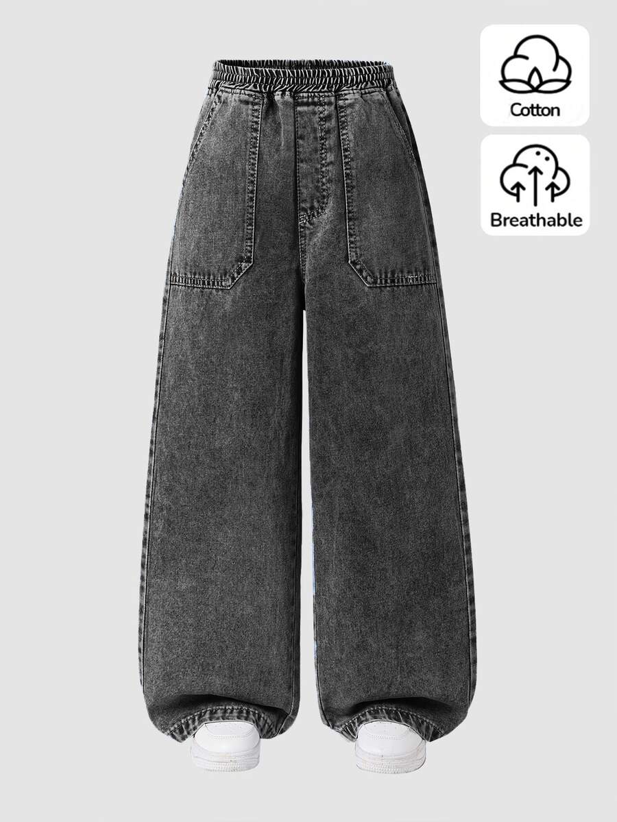 SHEIN 少女牛仔寬腿褲,春夏新品,休閒波希米亞風節慶平腰口袋寬腿牛仔褲,日常OOTD必備,淺洗黑牛仔色,春夏度假,彈性腰帶設計,寬鬆直筒寬腿版型,舒適棉質牛仔面料,百搭T恤,春夏度假,日常出遊,聚會,春夏牛仔度假出遊,棉質面料 - 黑色 - 查看 1