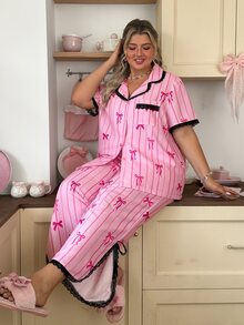 Slumberry CURVE Plus Size Women's Bowknot Pink Short Sleeve Single-Breasted Top And Pants Pajama Set Night Summer - Pink - View 3