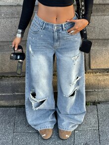 StreetHx Distressed Washed Light Blue Ripped Wide Leg Jeans Metal Eyelet Decor Loose Long Pants Rave Concert Autumn Streetwear Y2k Grunge - Light Wash - View 1