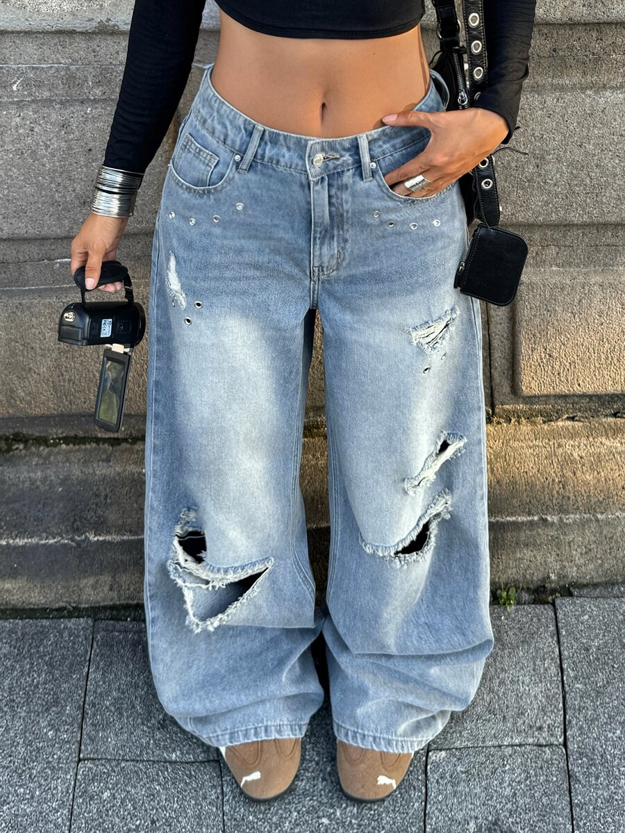 StreetHx Distressed Washed Light Blue Ripped Wide Leg Jeans Metal Eyelet Decor Loose Long Pants Rave Concert Autumn Streetwear Y2k Grunge - Light Wash - View 1