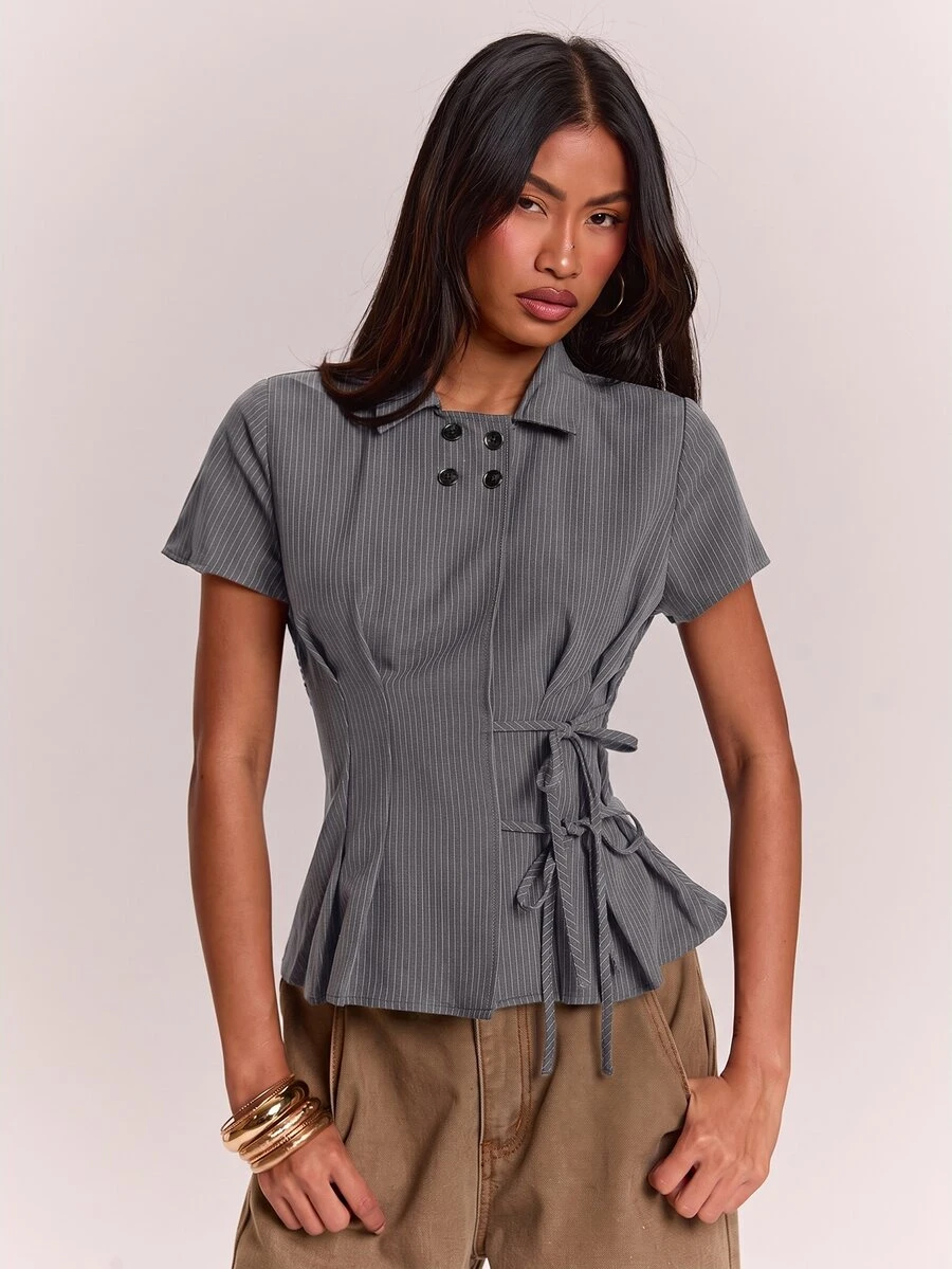 SHEIN BAE Women's Striped Button Design Side Waist Knot Short Sleeve Shirt - Dark Grey - View 1