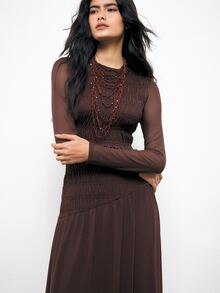 Maija Women's Solid Color Round Neck Contrast Mesh Pleated Elegant Long Dress - Dark Brown - View 4