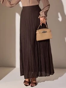 Veilorie تنورة كاجوال نسائية مقاس كبير بلون موحد وخصر عالي ونسيج بارز - قهوة بني - مشاهدة 4