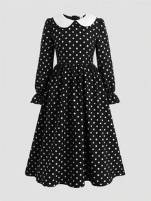 SHEIN Tween Girl Elegant Polka Dot Print Dress For Autumn/Winter - Black and White - View 5