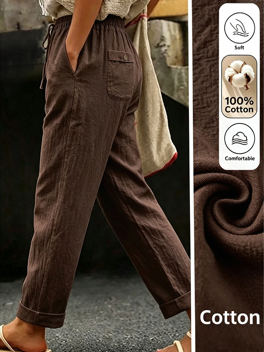 Wandoria Women's White Design Casual Vacation Style Pants With Decorative Buckle And Pockets, Beach, Garden, Street, Photography Outfit, Summer Autumn Fashion Essential, Niche Design Versatile Casual Long Pants - Coffee Brown - View 1