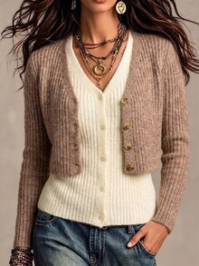 Selenza V-Neck Patchwork 2 In 1 Button-Up Cardigan Contrast Color Sweater Spring/Autumn Design Niche Inner Layer Knit Top - Camel - View 3