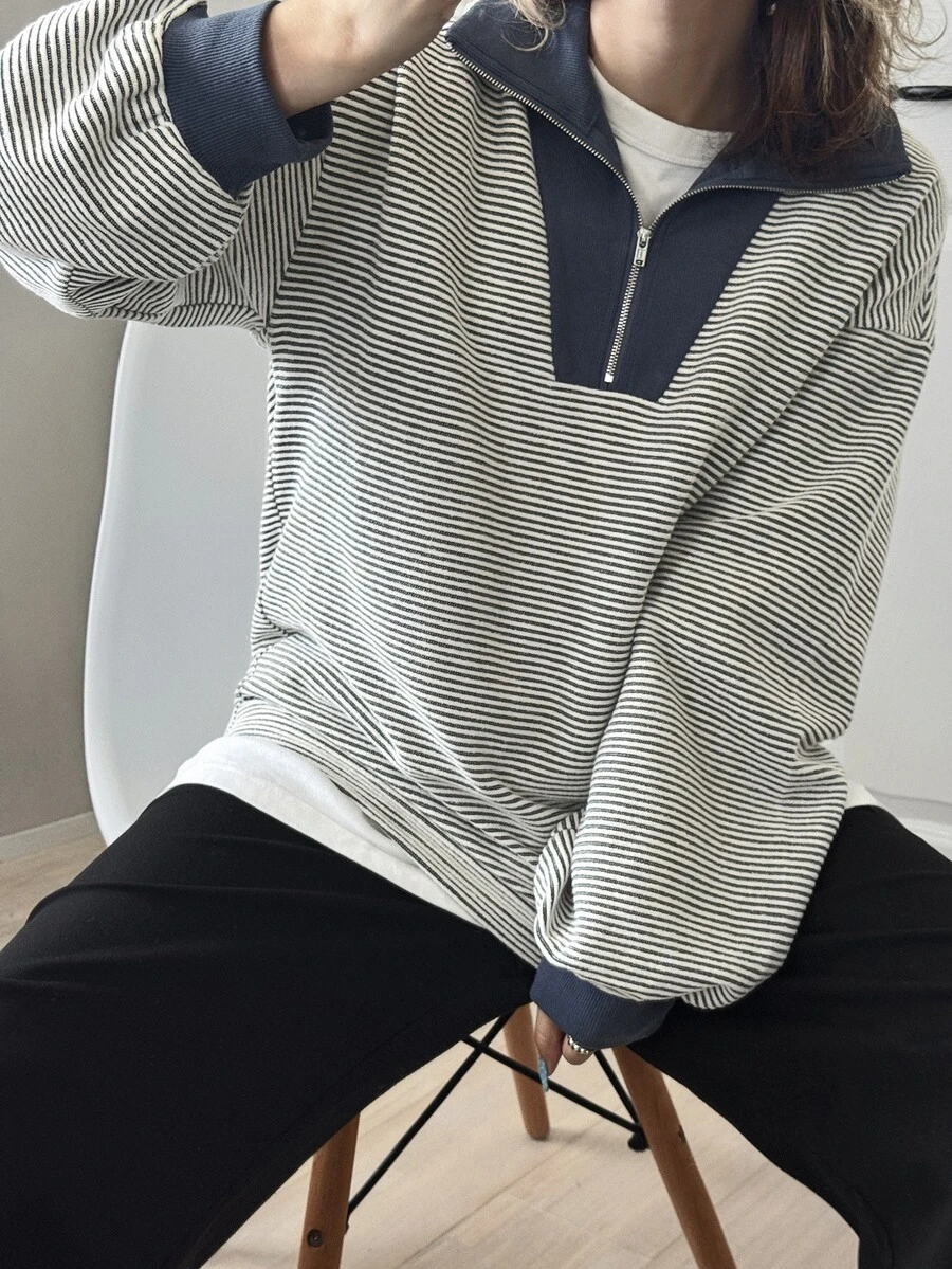 FRIFUL 女款撞色拉鍊設計落肩長袖條紋休閒T恤 - 藍色 - 查看 1