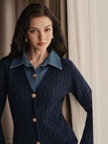 Anewsta Women's Navy Blue Knit POLO Collar Turn-Down Collar 2 In 1 Cardigan Sweater Casual Sweater Jacket, Autumn/Winter - Navy Blue - View 5