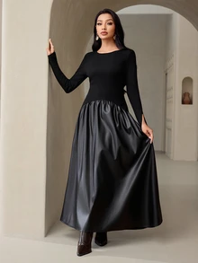 Veilorie Women's Solid Color Round Neck Long Sleeve Elegant Dress - Black - View 5