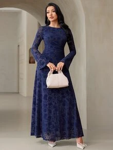 Veilorie Women's Round Neck Bell Sleeve Elegant Party Occasion Long Dress - Navy Blue - View 5