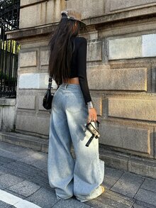 StreetHx Distressed Washed Light Blue Ripped Wide Leg Jeans Metal Eyelet Decor Loose Long Pants Rave Concert Autumn Streetwear Y2k Grunge - Light Wash - View 2