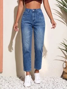 SHEIN PETITE 女款高腰口袋休閒百搭牛仔褲 - 藍色 - 查看 8