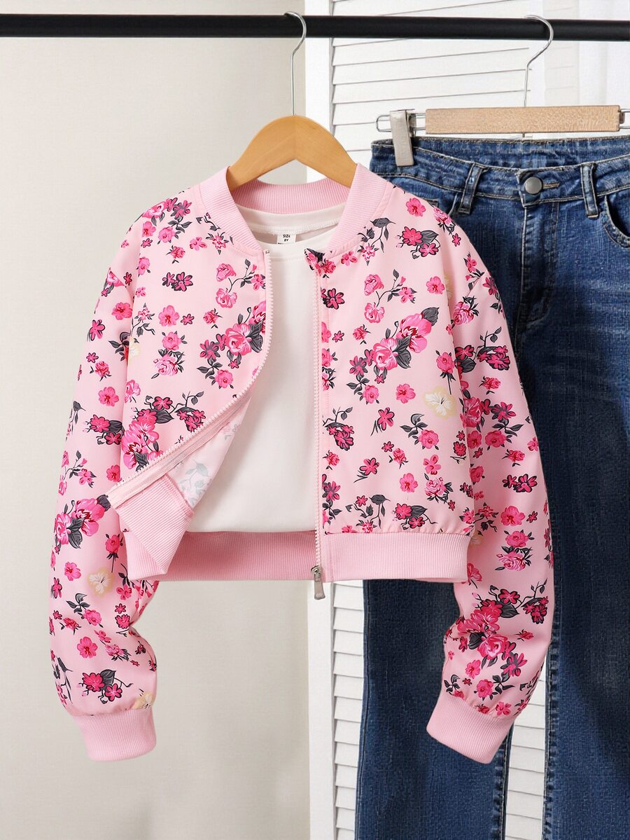 SHEIN 青少年女孩返校休閒花卉數位印花棒球夾克 羅紋袖口 春秋款 - 粉色 - 查看 1