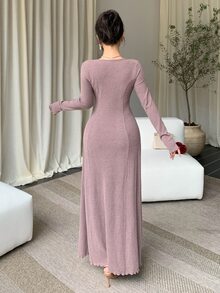 DAZY Women's Solid Color V-Neck Long Sleeve Elegant Dress Fall - Pink - View 2