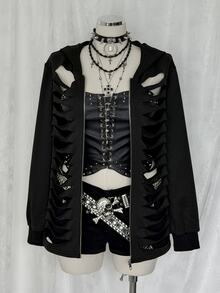 Sunspun Plus Size Distressed Hollow Out Cool Style Y2K Ripped Sweatshirt Halloween - Black - View 4