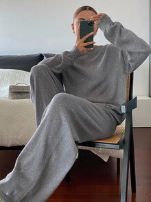 DAZY Women's 2pcs Set Gray Casual Loose Crew Neck Long Sleeve Sweater And Straight Leg Pants, Autumn - Grey - View 6