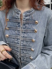 FRIFUL Women's Long Sleeve Zipper Front Casual Napoleon Denim Jacket - Blue - View 8