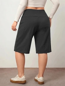 Enliva Plus Size Women's Black Casual Loose 3/4 Pants, Tummy Control V-Waist With Pockets, Suitable For Summer Daily Versatile Wear - Dark Grey - View 3