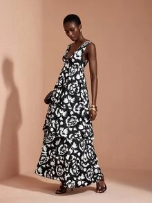 JIAN LASALA Black And White Double Ruffle Layers V Neck Sleeveless Long Dress Vacation Party Elegant - Black and White - View 4