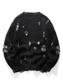 Chillumni Men's Distressed Design Casual Versatile Long Sleeve Sweater - Black - View 2