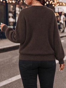 EMERY ROSE Plus Size Women's Commuter Lace-Up Knit Pullover Sweater Top - Chocolate Brown - View 2