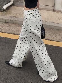 DAZY Polka Dot Loose Wide Leg Pants Casual Street Vacation Autumn Winter Long Jeans For Women - White - View 2
