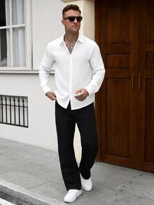 Manfinity CasualCool Men's Casual White Long Sleeve Single-Breasted Shirt - White - View 7