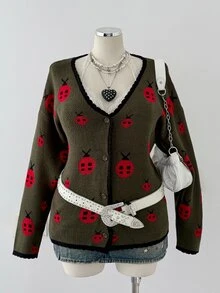 Sunspun Plus Size Women Animal Print Color Block Trim Cute Y2K Vintage Halloween Sweater Cardigan Autumn/Winter Back To School Season - Dark Green - View 3