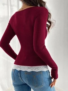 SHEIN Unity Women's Round Neck 2 In 1 Lace Patchwork Bow T-Shirt, Velour Ribbed, Autumn/Winter Fall Cloth - Burgundy - View 2