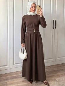 EMERY ROSE Gaun Panjang Wanita Gaya Prancis Elegan Sederhana Desain Mewah Kasual Bohemian untuk Liburan dan Perjalanan, Warna Polos - Coklat - View 1