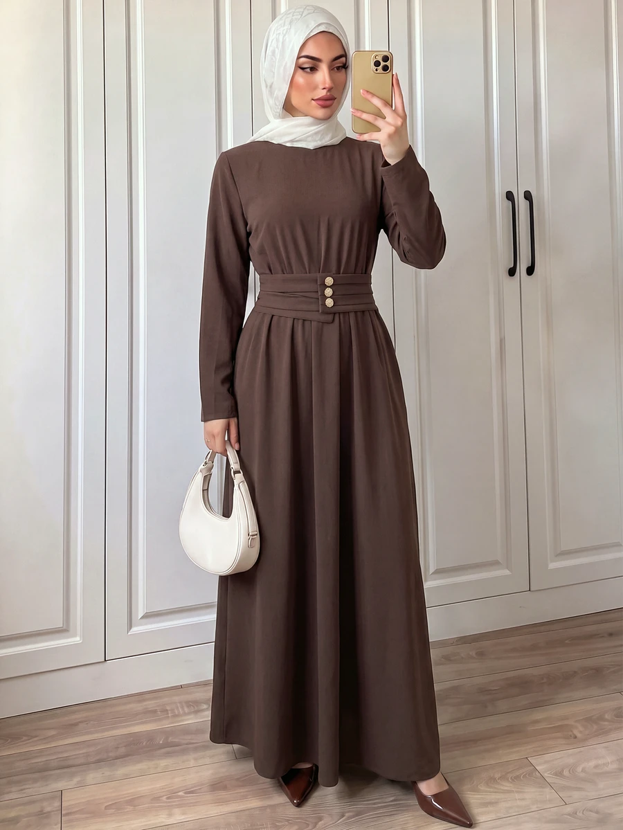 EMERY ROSE Gaun Panjang Wanita Gaya Prancis Elegan Sederhana Desain Mewah Kasual Bohemian untuk Liburan dan Perjalanan, Warna Polos - Coklat - View 1