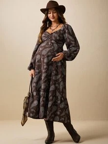 Boho Mama Maternity Vacation Paisley Pattern Twist Design Long Sleeve Casual Dress - Coffee - View 5