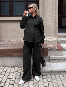 SHEIN 孕婦上衣與牛仔褲2件套秋季女裝 秋冬 正式商務 時尚基本款 哥德風 萬聖節聖誕節節慶 - 黑色 - 查看 8