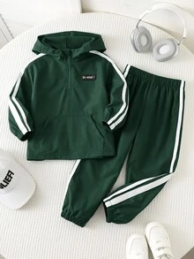 SHEIN 2件組兒童小男孩休閒日常百搭舒適拼接連帽半拉鍊套頭寬鬆長袖外套與寬鬆慢跑褲梭織套裝 - 綠色 - 查看 3