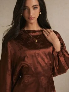 Poéselle Women's Jacquard Boat Neck Batwing Long Sleeve Elegant Blouse - Brown - View 6